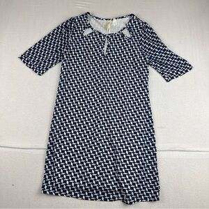 Needle and Thread Knee Length Cut Out Neck Blue White Geo Print Shift Dress Med
